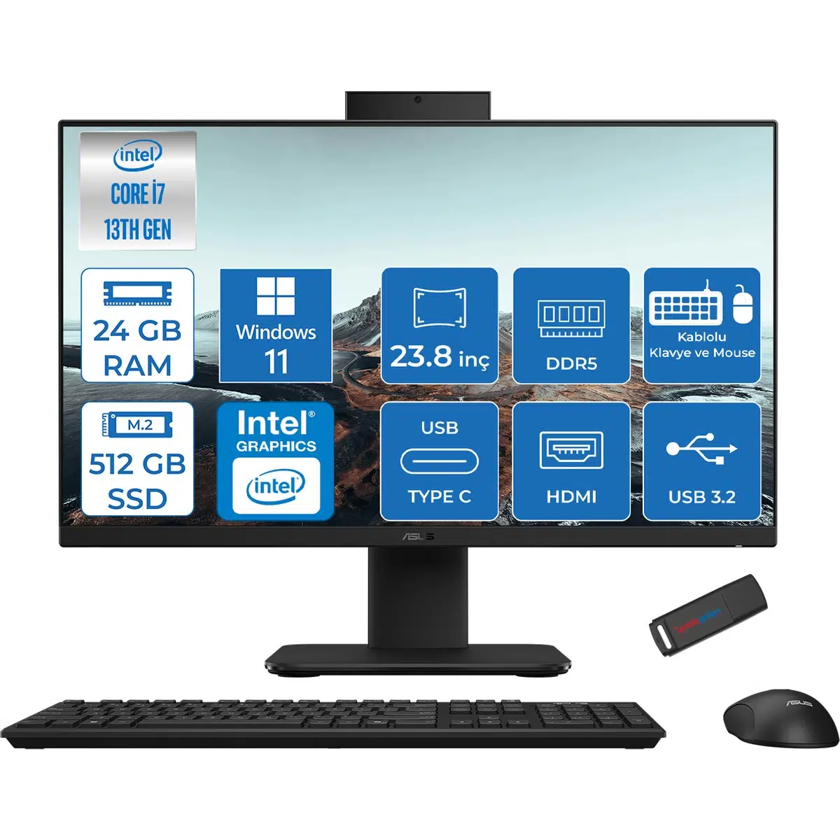 V440VAK Intel Core İ7-13620H 24GB Ddr5 512GB SSD 23.8" Fhd 100HZ 250NITS WIN11PROSIYAH Allınone Bilgisayar BI716512B0DP07+ZETTAUSBBELLEK