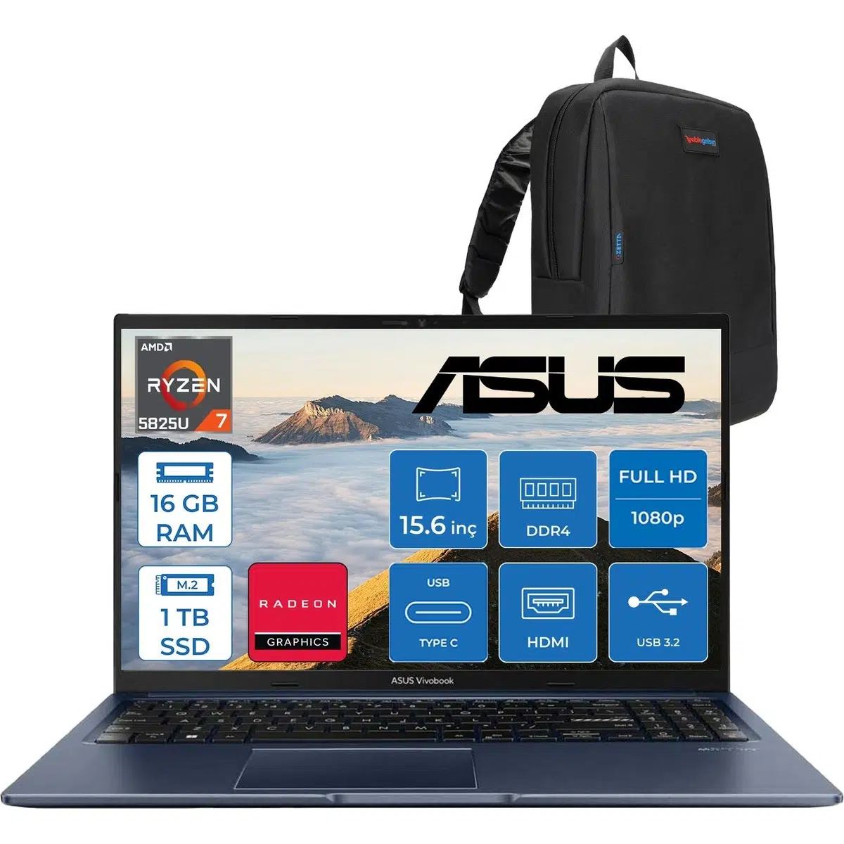 Vivobook 15 Amd Ryzen 7 5825U 16GB 1tb SSD Amd Radeon Graphics 15.6" Fhd 250NIT LED Windows 11 Pro Taşınabilir Bilgisayar M1502YATP02 + Zettaçanta