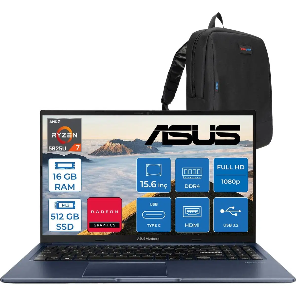 Vivobook 15 Amd Ryzen 7 5825U 16GB 512GB SSD Amd Radeon Graphics 15.6" Fhd 250NIT LED Windows 11 Pro Taşınabilir Bilgisayar M1502YATP01 + Zettaçanta