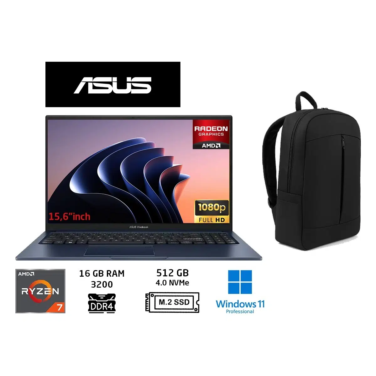 Vivobook 15 M1502YA-BQ579 Amd Ryzen 7 5825U 16GB 512GB SSD 15.6" Taşınabilir BILGISAYAR+W11 Pro+Duddi Çanta