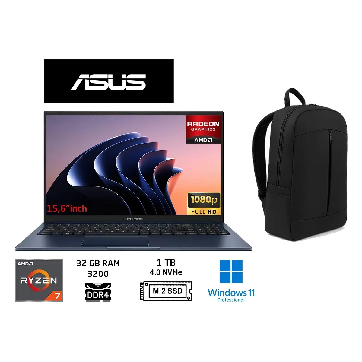 Vivobook 15 M1502YA-BQ579 Amd Ryzen 7 5825U 32GB 1tb SSD 15.6" Taşınabilir BILGISAYAR+W11 Pro+Duddi Çanta
