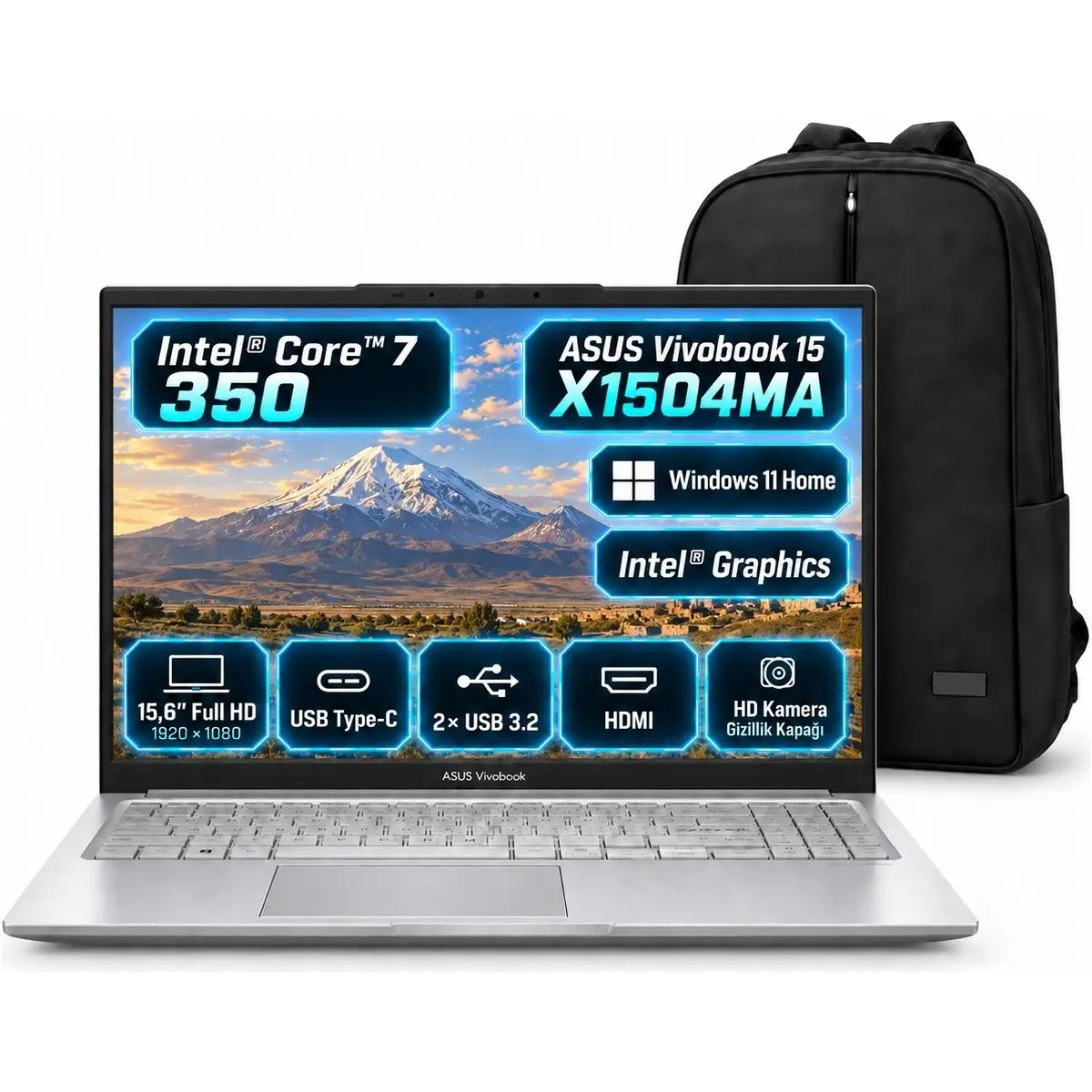 Vivobook 15 X1504MA Intel® Core™ 7 350 Aı 24GB 1tb SSD 15.6" IPS Fhd Windows 11 Home Taşınabilir Bilgisayar + Snertech Çanta
