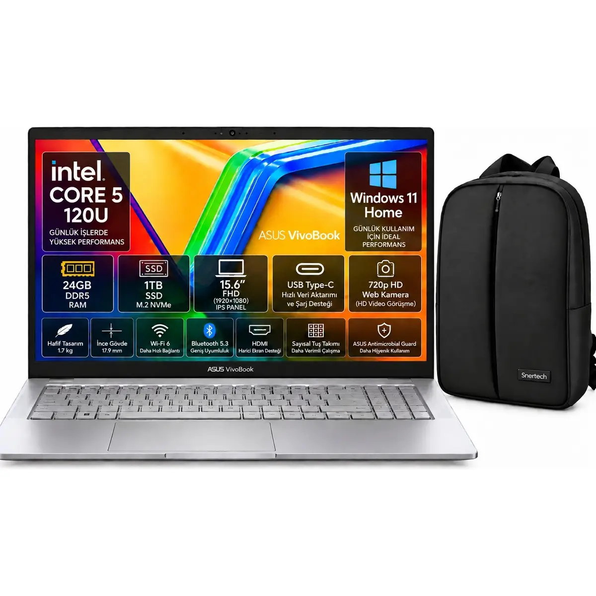 Vivobook X1504MA-BQ784 Intel Core 5-120U 24GB Ram 1tb SSD 15.6'' Windows 11 Home Laptop Gümüş + Snertech Çanta