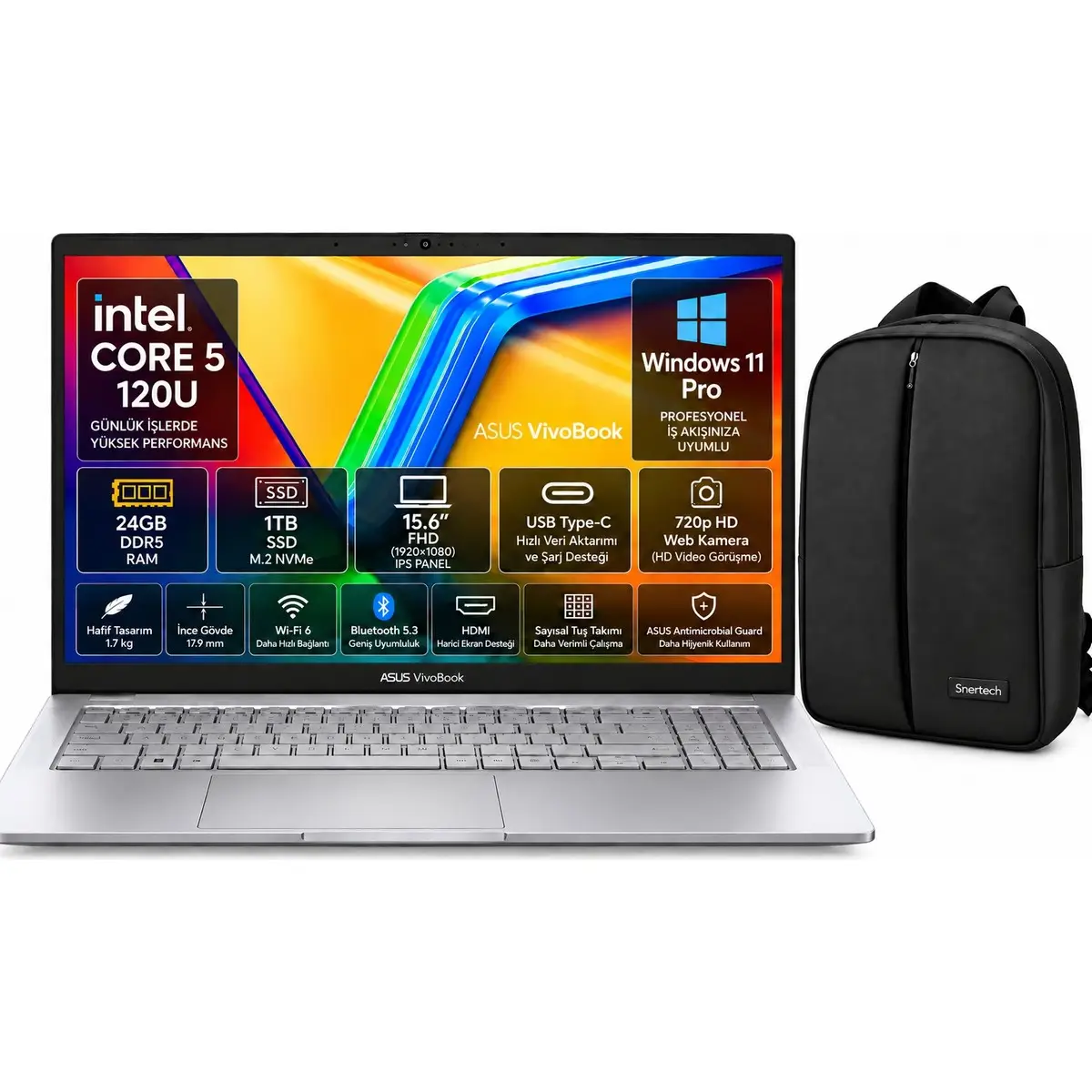 Vivobook X1504MA-BQ784 Intel Core 5-120U 24GB Ram 1tb SSD 15.6'' Windows 11 Pro Laptop Gümüş + Snertech Çanta