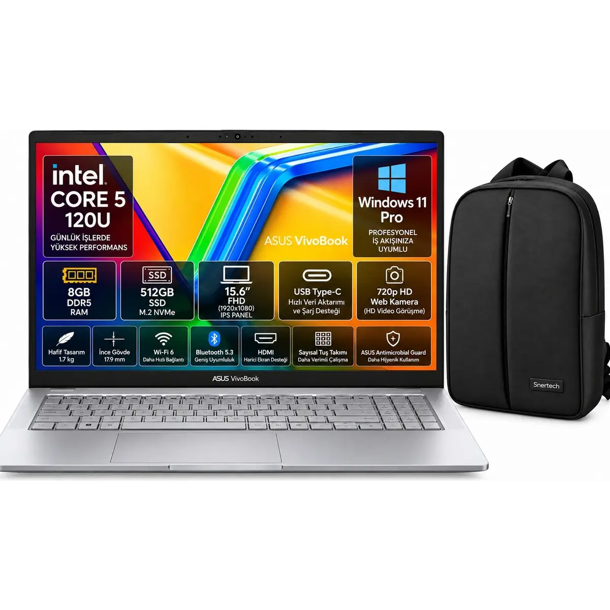Vivobook X1504MA-BQ784 Intel Core 5-120U 8gb Ram 512GB SSD 15.6'' Windows 11 Pro Laptop Gümüş + Snertech Çanta