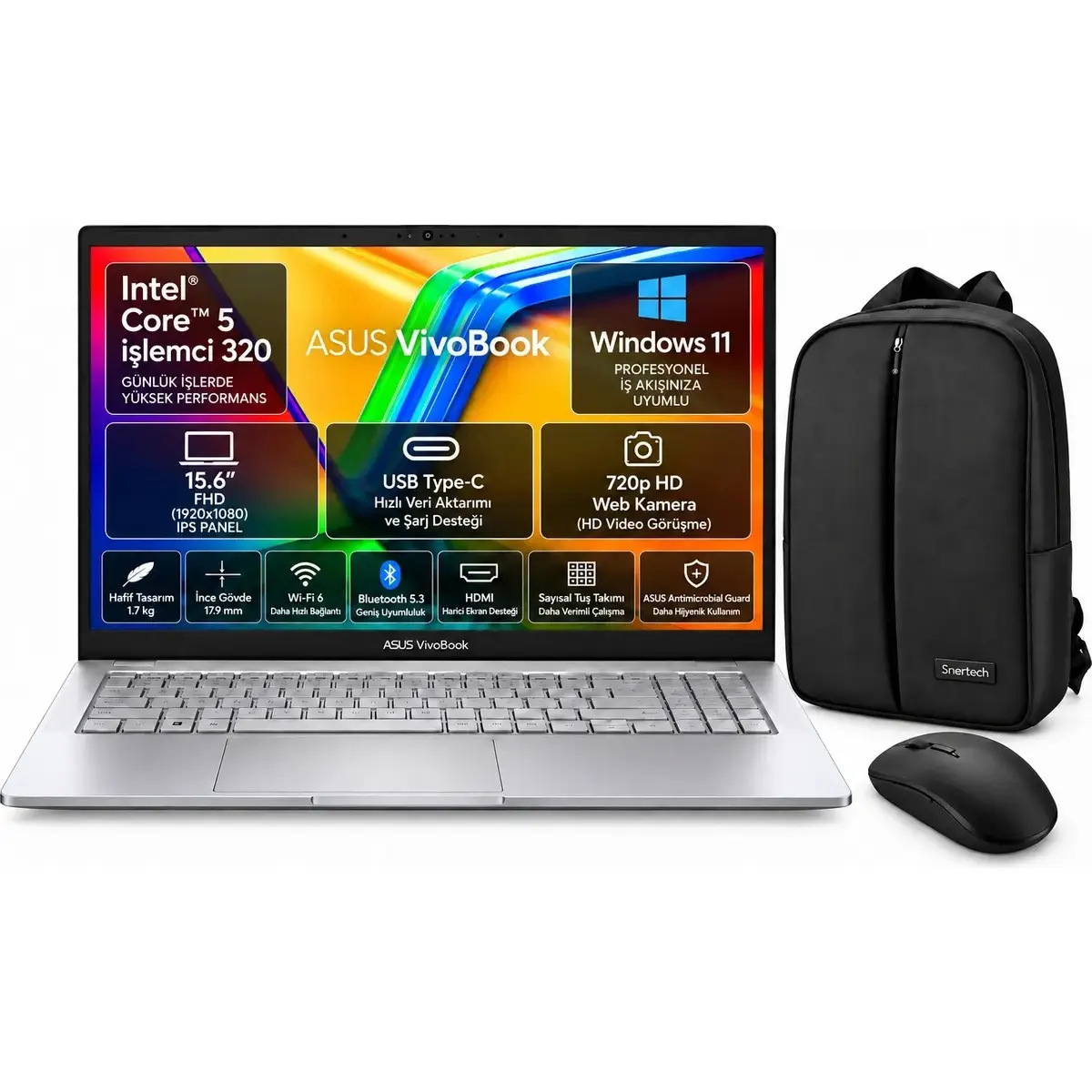 Vivobook X1504MA-BQ784 Intel Core 5-320 24GB Ram 512GB SSD 15.6'' Windows 11 Home Laptop Gümüş + Snertech Çanta + Mouse