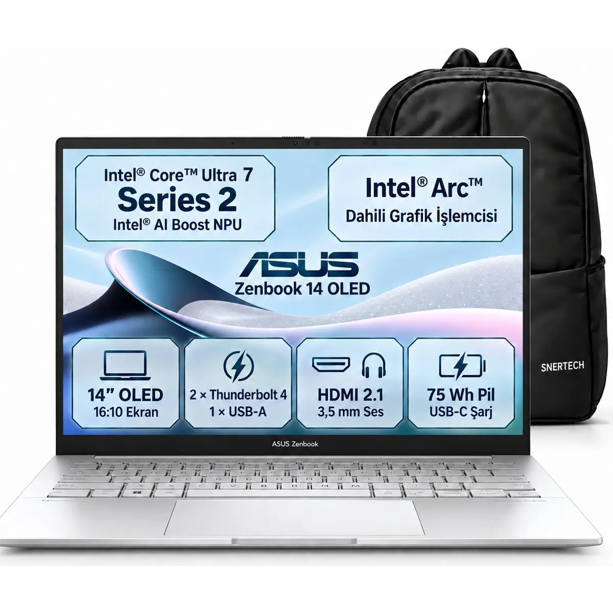 Zenbook 14 OLED UX3405CA-ST1292W S5 Intel Core Ultra 7 255H 16GB 1tb SSD 14" Windows 11 Pro Taşınabilir Bilgisayar + Snertech Çanta